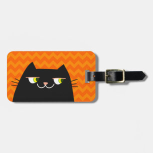 Étiquette À Bagage Funny Black Cat and Orange Chevron Adresse