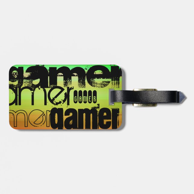 Étiquette À Bagage Gamer ; Vert, orange et jaune vif (Dos horizontal)