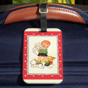 Étiquette À Bagage Garçon vintage sauvant un chaton de chiots de cour