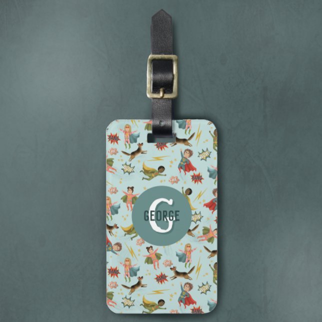 Étiquette À Bagage Garçons Cool Superhero Monogramme et nom Enfants (Créateur téléchargé)