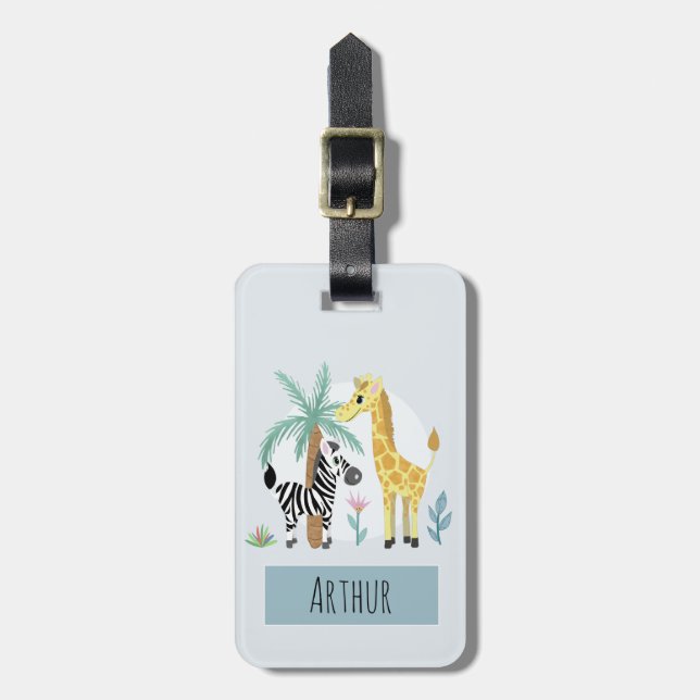 Étiquette À Bagage Garçons Cute Safari Animaux Giraffe Nom Enfants (Devant Vertical)