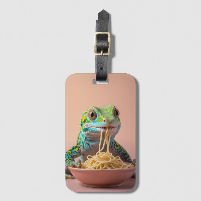 Étiquette À Bagage Gecko Drôle Manger Spaghetti (Devant Vertical)