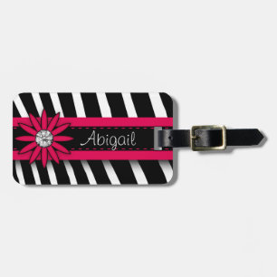 Étiquette À Bagage Gemme floral rose chaud et motif zèbre