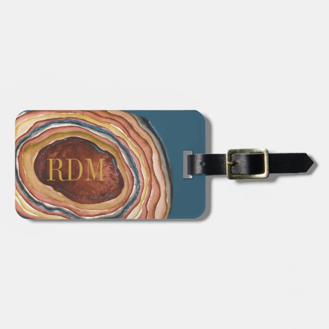 Étiquette À Bagage Géode Agate Monogramme Aquarelle Bleue Argile Bleu (Devant horizontal)