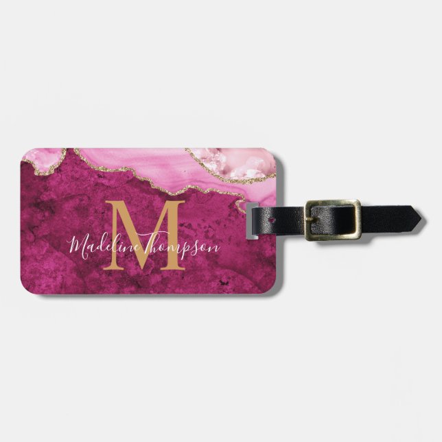 Étiquette À Bagage Géode d'agate élégant Monogramme rose magenta (Devant horizontal)