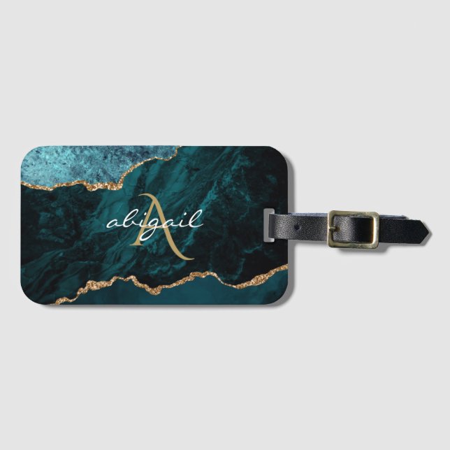 Étiquette À Bagage Géode d'âge d'or Turquoise Monogramme (Devant Horizontal)