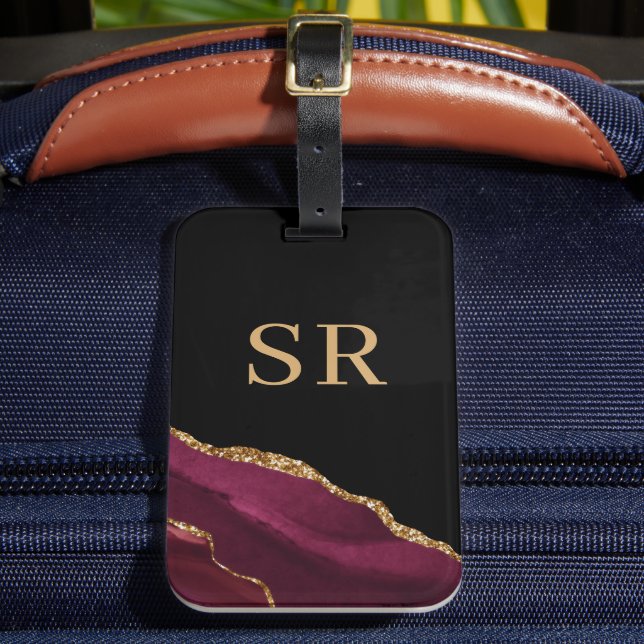 Étiquette À Bagage Géode de monogramme en agate or rouge de Bourgogne (Insitu Rectoal 2)