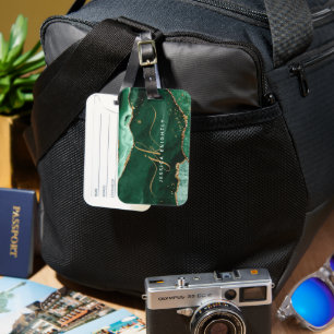 Étiquette À Bagage Géode vert or Géode Script Initiales Monogramme