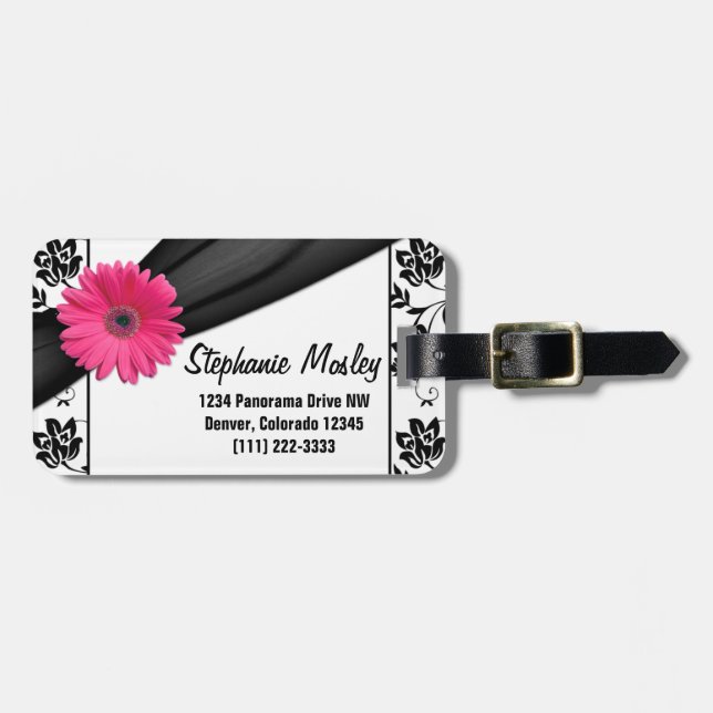 Étiquette À Bagage Gerbera rose marguerite noir blanc damassé Floral (Devant horizontal)