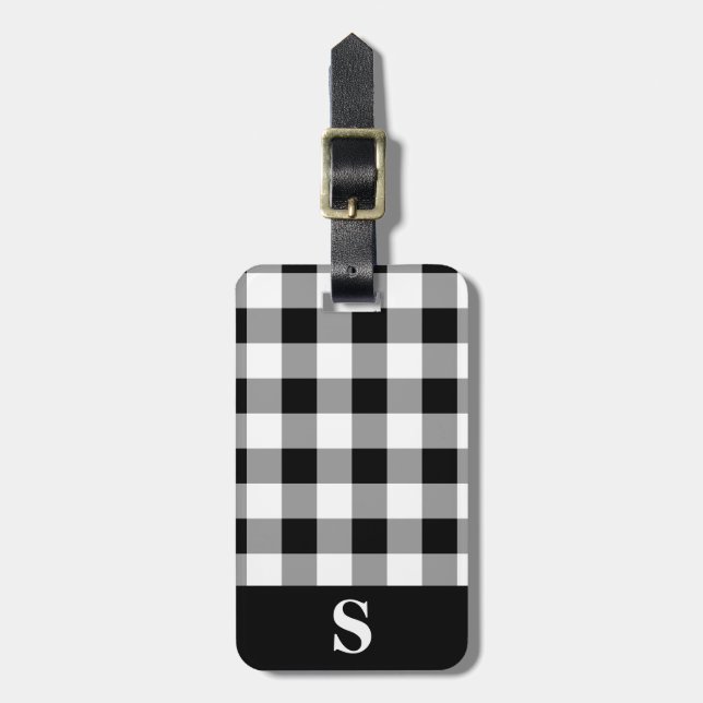 Étiquette À Bagage Gingham noir et blanc à monogramme (Devant Vertical)