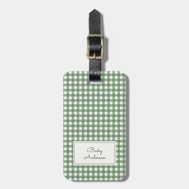Étiquette À Bagage Gingham Pattern in Green with Name and Contact (Devant Vertical)