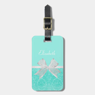 Étiquette À Bagage Girl Aqua Turquoise Damask Ruban blanc avec nom