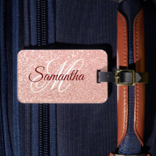 Étiquette À Bagage Girly Faux Rose Gold Pailleté Monogrammé