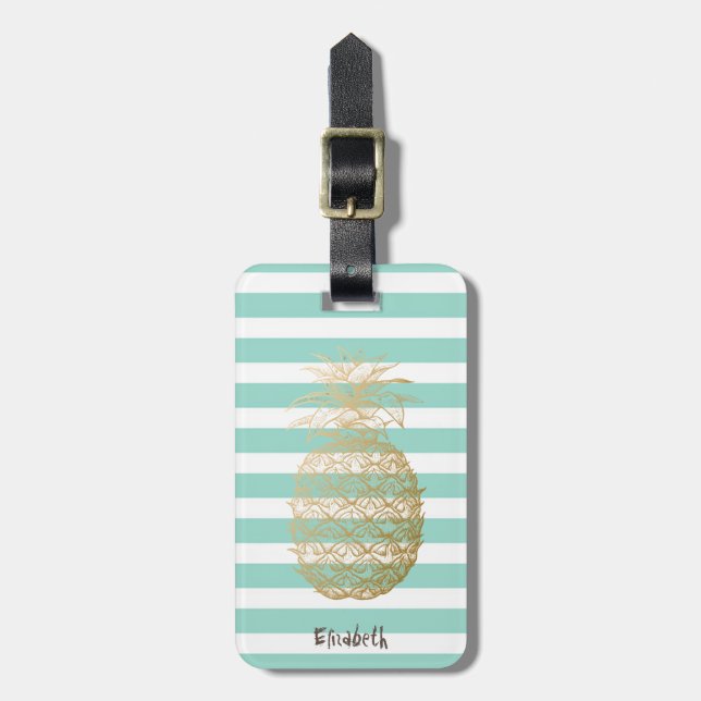 Étiquette À Bagage Girly Gold Ananas Menthe  Rayures Blanches (Devant Vertical)