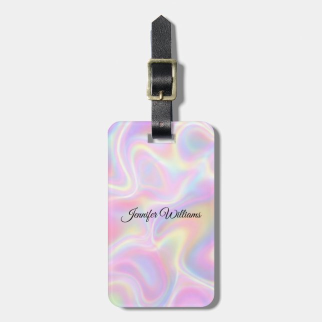 Étiquette À Bagage Girly Vibrant Pastel Holographic Swirl Design      (Devant Vertical)
