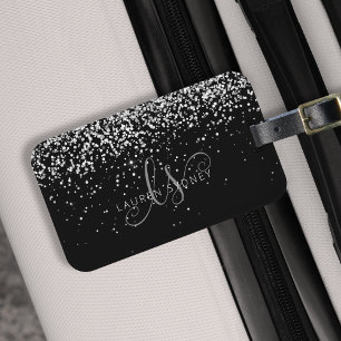 Étiquette À Bagage Glam Black Silver Glitter Monogram Name