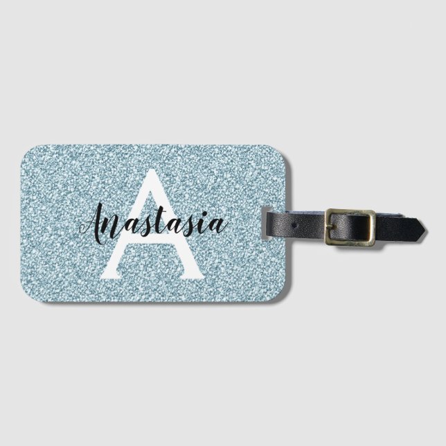 Étiquette À Bagage Glam Bleu Paillettes Argentées Monogramme Nom (Devant Horizontal)