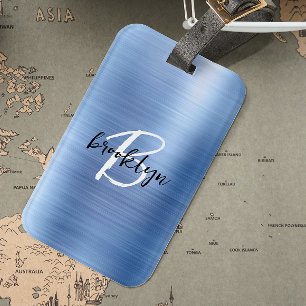 Étiquette À Bagage Glam Blue Metal Brossé Noir Blanc Monogramme 