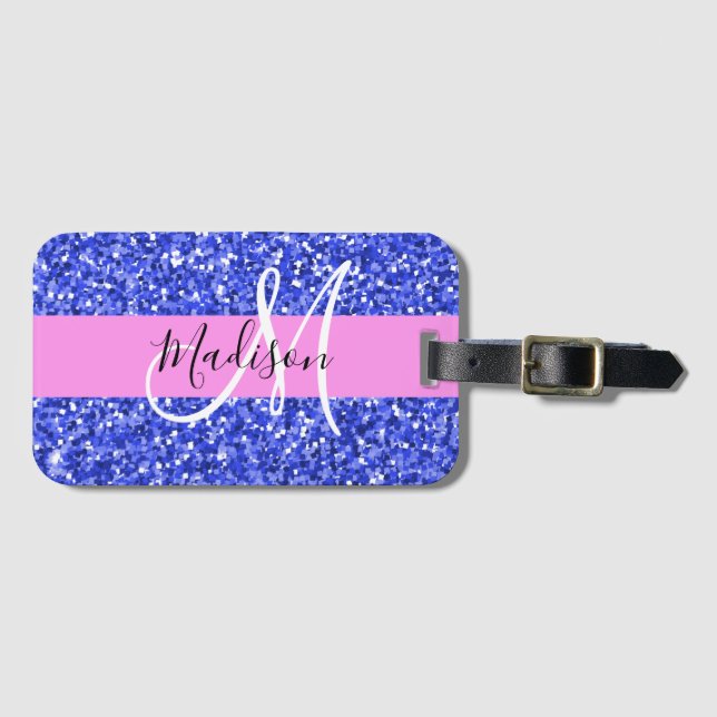 Étiquette À Bagage Glam Dark Blue Parties scintillant rose étincelles (Devant Horizontal)