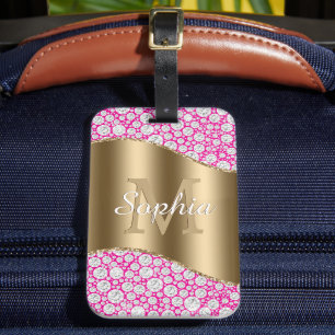 Étiquette À Bagage Glam Diamonds Fuchsia, Monogramme Or, Nom en écrit