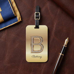 Étiquette À Bagage Glam Gold Diamant Monogramme Lettre Initiale B