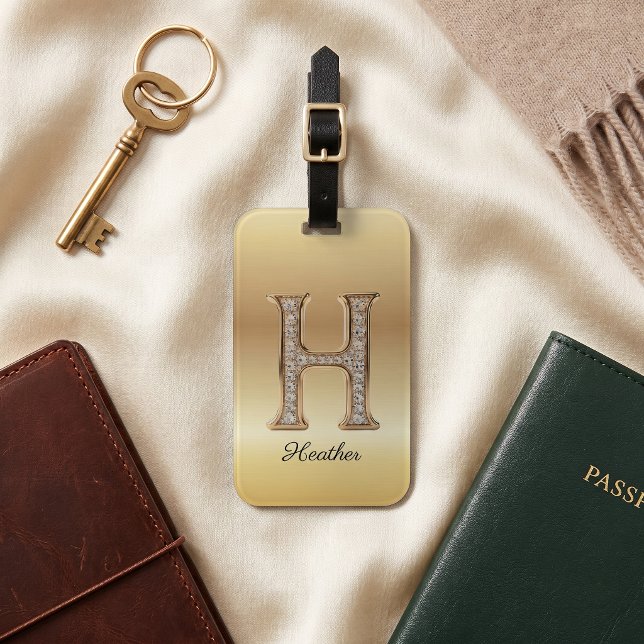 Étiquette À Bagage Glam Gold Diamant Monogramme Lettre Initiale H (Créateur téléchargé)