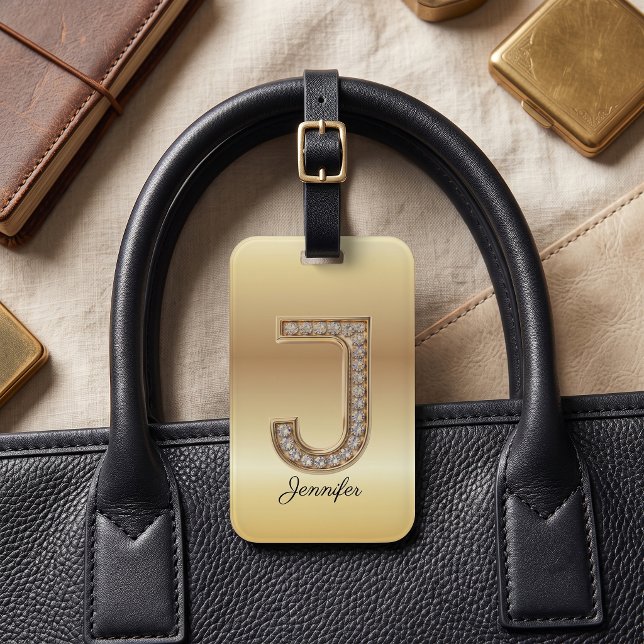Étiquette À Bagage Glam Gold Diamant Monogramme Lettre Initiale J (Créateur téléchargé)