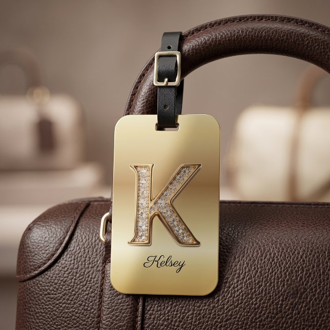 Étiquette À Bagage Glam Gold Diamant Monogramme Lettre Initiale K (Créateur téléchargé)