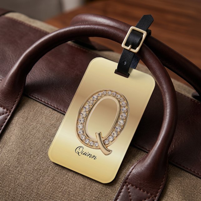 Étiquette À Bagage Glam Gold Diamant Monogramme Lettre Initiale Q (Créateur téléchargé)