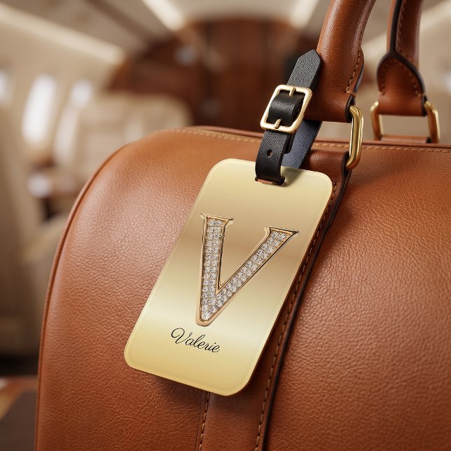 Étiquette À Bagage Glam Gold Diamant Monogramme Lettre Initiale V (Créateur téléchargé)