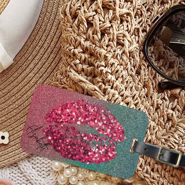Étiquette À Bagage Glam moderne Rouge Glitter Kiss Lipstick Empreinte (Créateur téléchargé)
