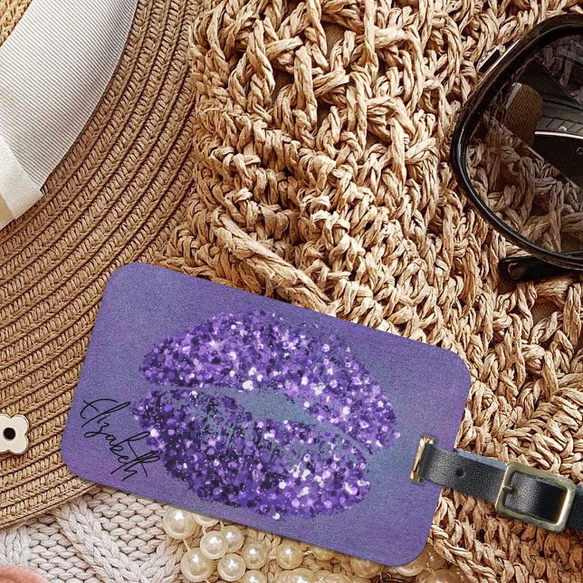 Étiquette À Bagage Glam moderne violet brillant Kiss Lipstick Emprein (Créateur téléchargé)