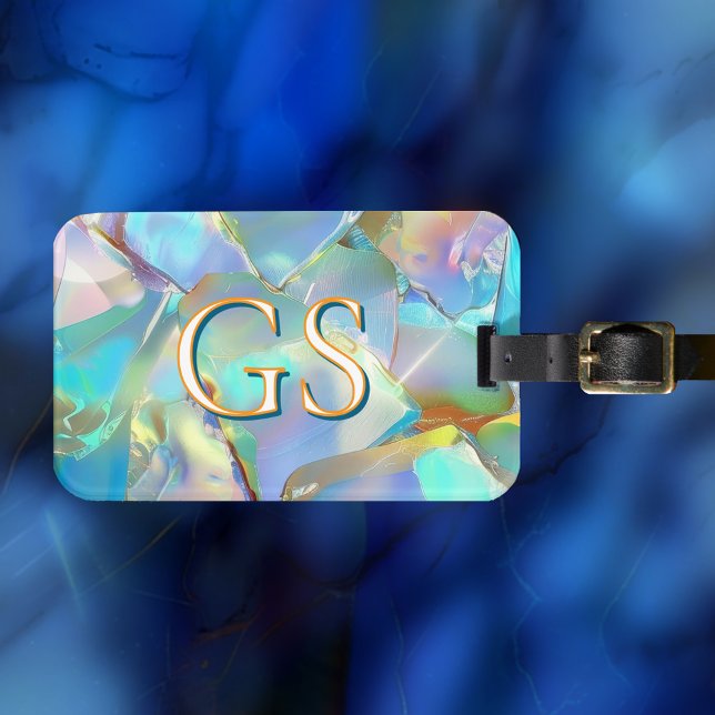 Étiquette À Bagage Glam Opal Design, grand monogramme ou nom (Créateur téléchargé)