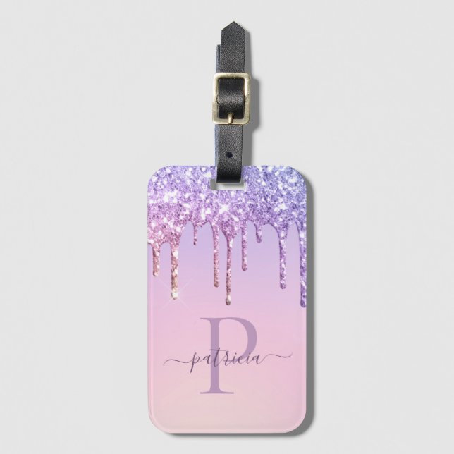Étiquette À Bagage Glam Purple Parties scintillant gouttes Élégant Mo (Devant Vertical)