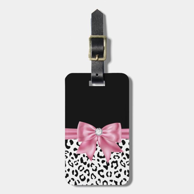 Étiquette À Bagage Glam rose Bow Diamond Black Snow Leopard (Devant Vertical)