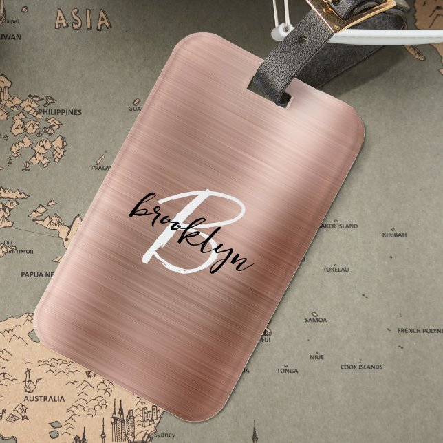 Étiquette À Bagage Glam Rose Or Métal brossé Noir Blanc Monogramme (Créateur téléchargé)