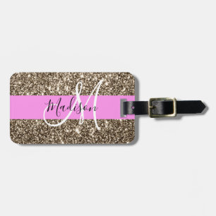 Étiquette À Bagage Glamour Rose Champagne Or Doré Paillettes Monogram