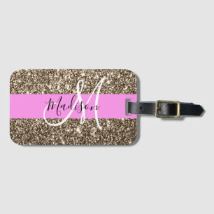 Étiquette À Bagage Glamour Rose Champagne Or Glitter Monogramme