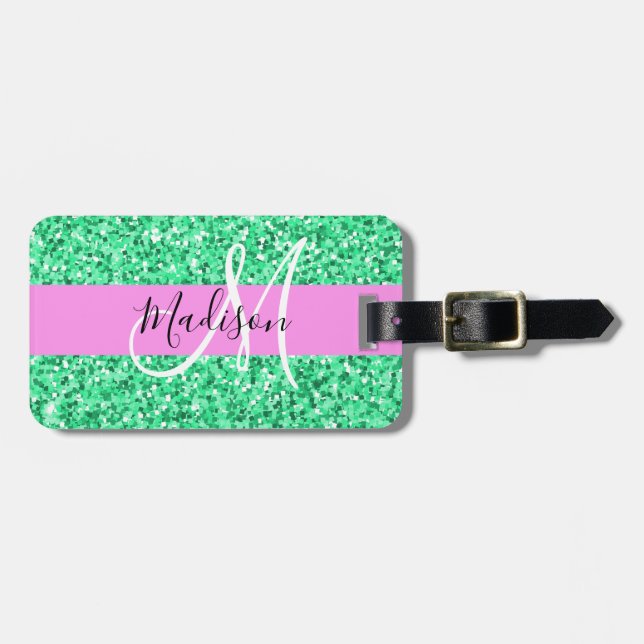 Étiquette À Bagage Glamour Rose et Vert Paillettes Monogramme Nom (Devant horizontal)