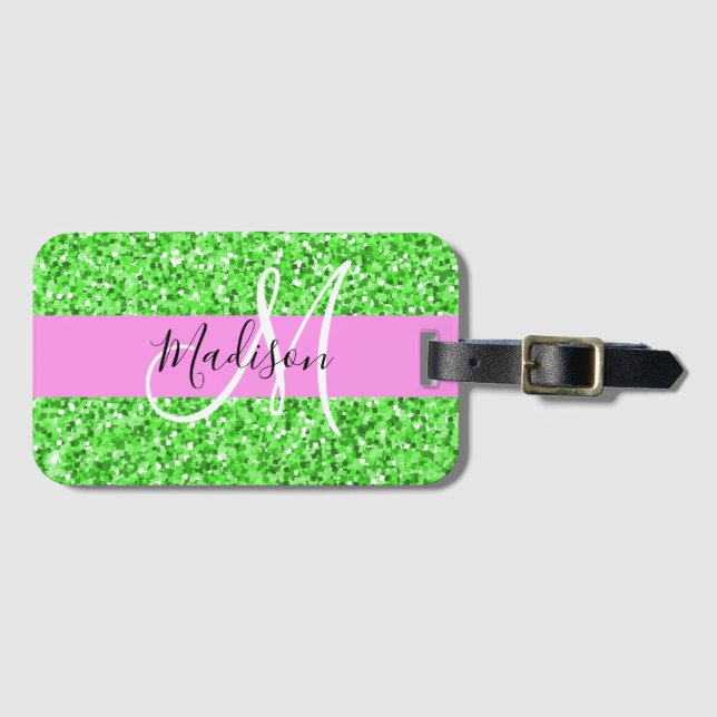 Étiquette À Bagage Glamour Rose et Vert Paillettes Monogramme Nom (Devant Horizontal)