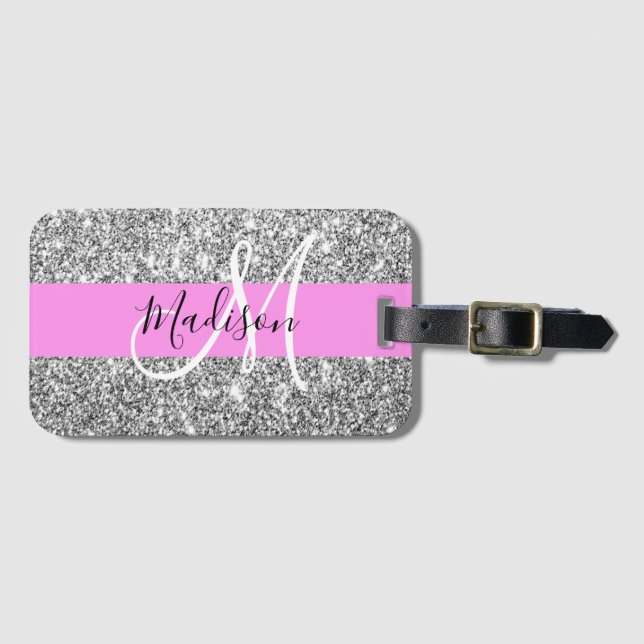 Étiquette À Bagage Glamour Rose & Paillettes d'Argent Monogramme Nom (Devant Horizontal)