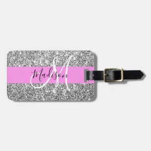 Étiquette À Bagage Glamour Rose & Paillettes d'Argent Monogramme Nom