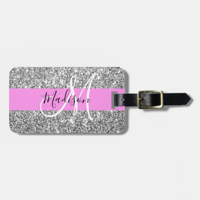 Étiquette À Bagage Glamour Rose & Paillettes d'Argent Monogramme Nom (Devant horizontal)