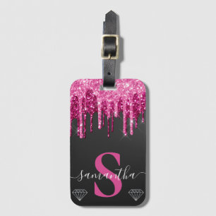 Étiquette À Bagage Glitter rose vif dégoulinant sur monogramme noir