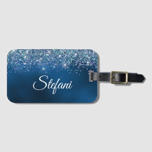 Étiquette À Bagage Glitter Royal Blue Foil Nom individuel (Devant Horizontal)