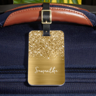 Étiquette À Bagage Glittery Gold Glam Nom du script