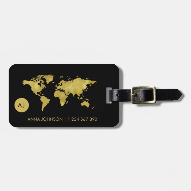 Étiquette À Bagage Gold Foil World Earth Map Travel Monogramme Nom (Devant horizontal)