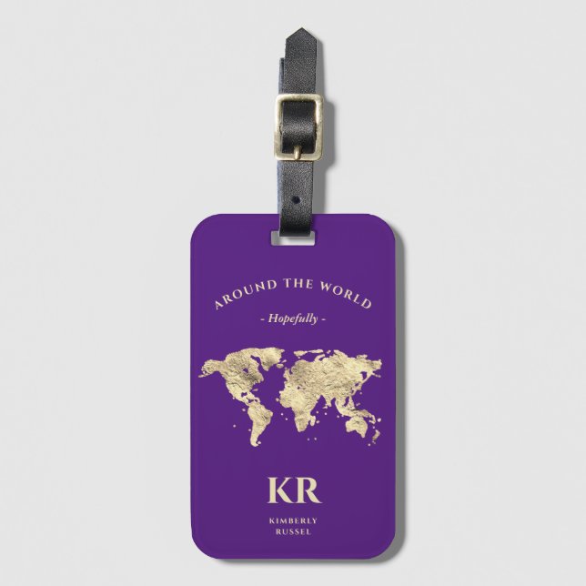 Étiquette À Bagage Gold World Map Monogram Voyageur Royal Purple (Devant Vertical)