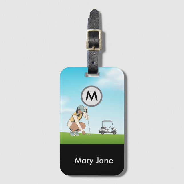 Étiquette À Bagage Golf dame golfeuse au trou avec chariot Nom du mon (Devant Vertical)