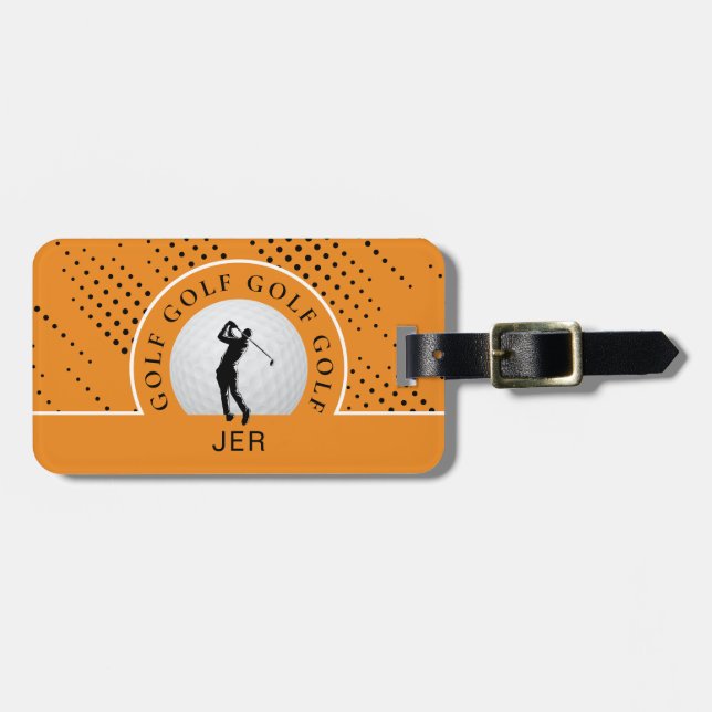 Étiquette À Bagage Golf Voyage Homme Golfer Silhouette Orange & Noir (Devant horizontal)
